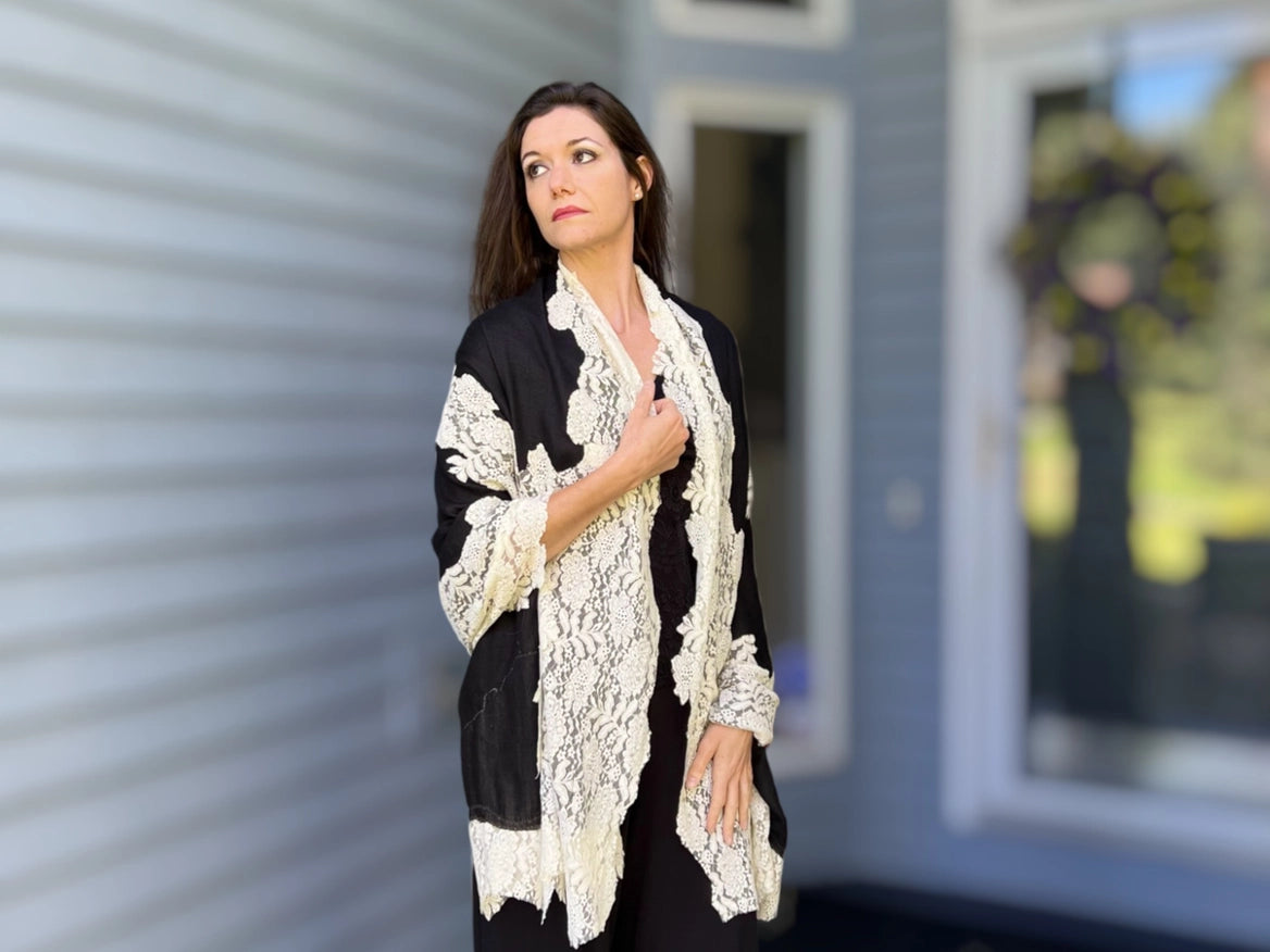 Black And White Wool and Silk Lace Scarf / Wrap