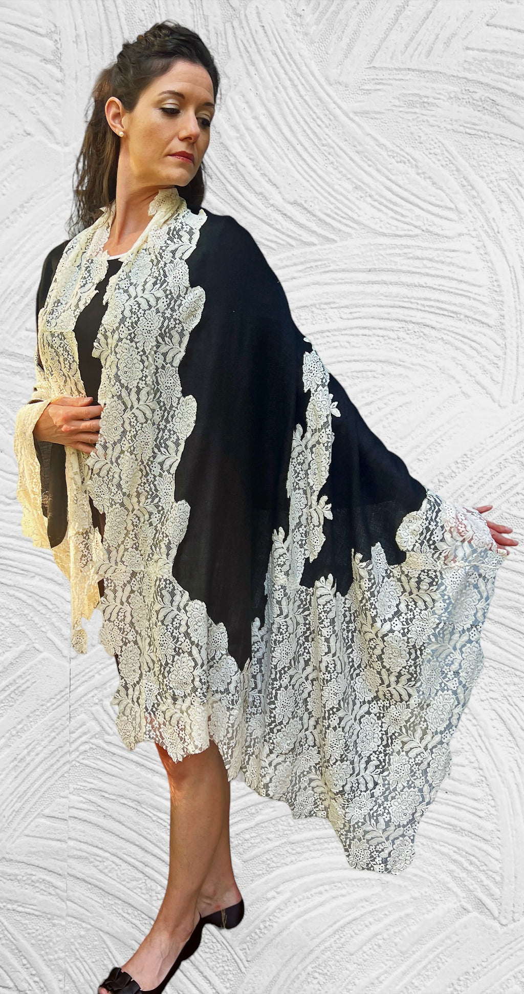 Black And White Wool and Silk Lace Scarf / Wrap