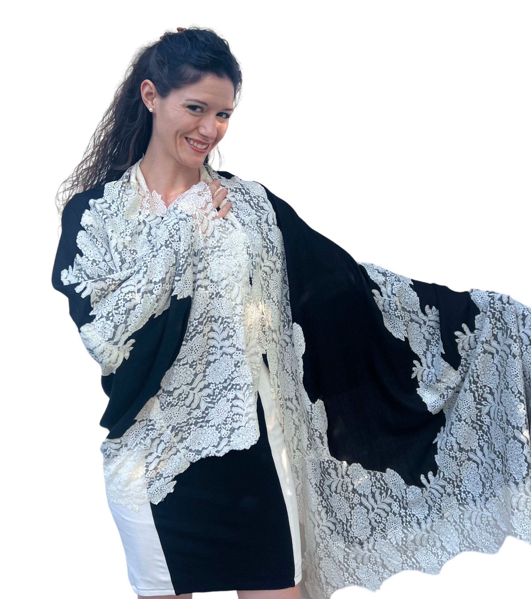 Black And White Wool and Silk Lace Scarf / Wrap